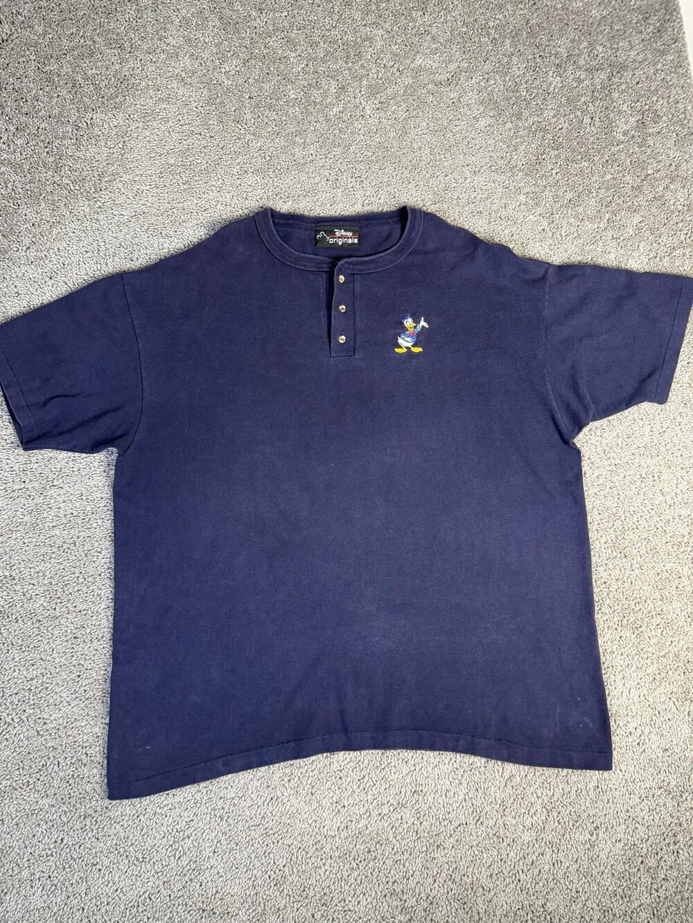 VTG Disney Originals Shirt Mens 3XL Blue Donald Duck Embroidered Henley Cotton